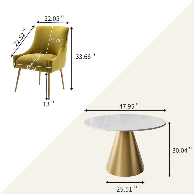 Ensemble de table à manger en métal à plateau en marbre de 48 po avec chaises de salle à manger en velours