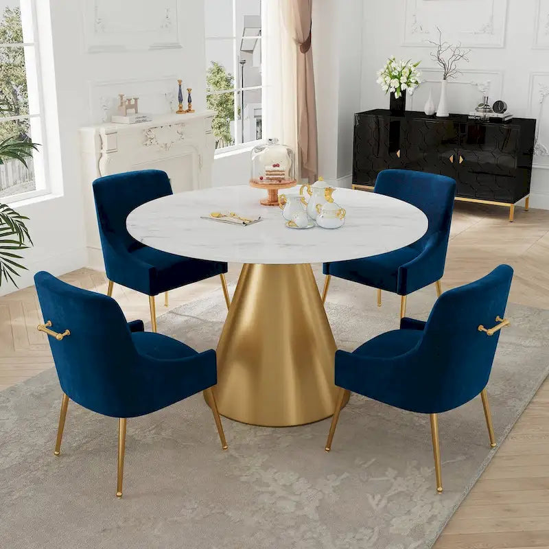 Ensemble de table à manger en métal à plateau en marbre de 48 po avec chaises de salle à manger en velours