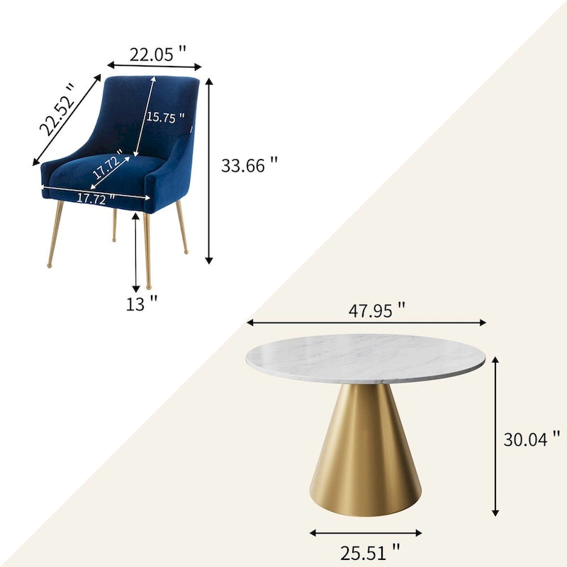 Ensemble de table à manger en métal à plateau en marbre de 48 po avec chaises de salle à manger en velours