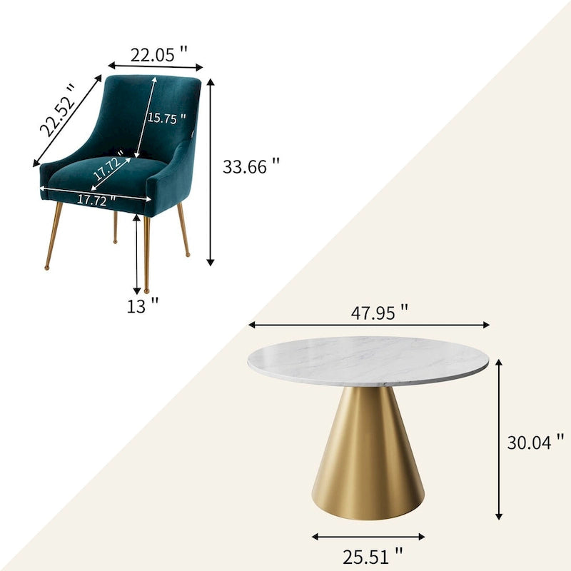 Ensemble de table à manger en métal à plateau en marbre de 48 po avec chaises de salle à manger en velours