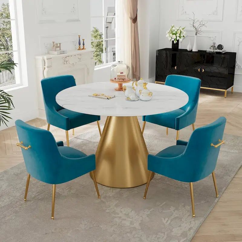 Ensemble de table à manger en métal à plateau en marbre de 48 po avec chaises de salle à manger en velours