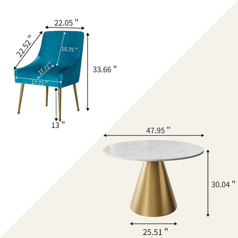 Ensemble de table à manger en métal à plateau en marbre de 48 po avec chaises de salle à manger en velours