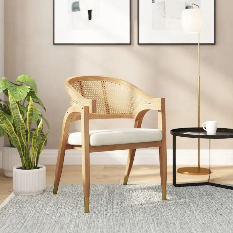 Chaise de salle à manger en rotin tressé avec dossier en cannage et assise rembourrée