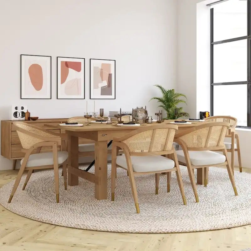 Chaise de salle à manger en rotin tressé avec dossier en cannage et assise rembourrée