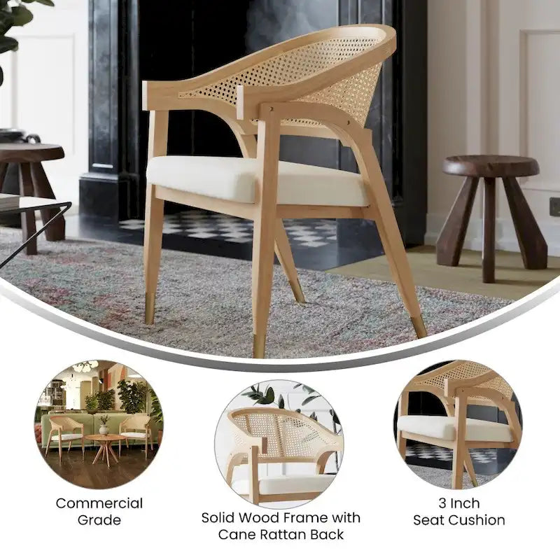 Chaise de salle à manger en rotin tressé avec dossier en cannage et assise rembourrée