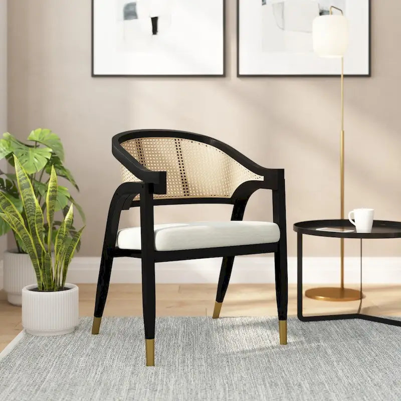 Chaise de salle à manger en rotin tressé avec dossier en cannage et assise rembourrée
