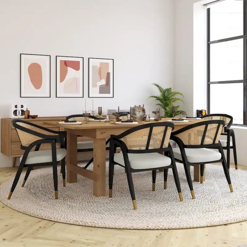 Chaise de salle à manger en rotin tressé avec dossier en cannage et assise rembourrée