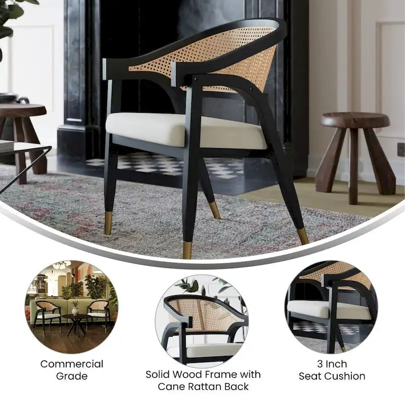 Chaise de salle à manger en rotin tressé avec dossier en cannage et assise rembourrée