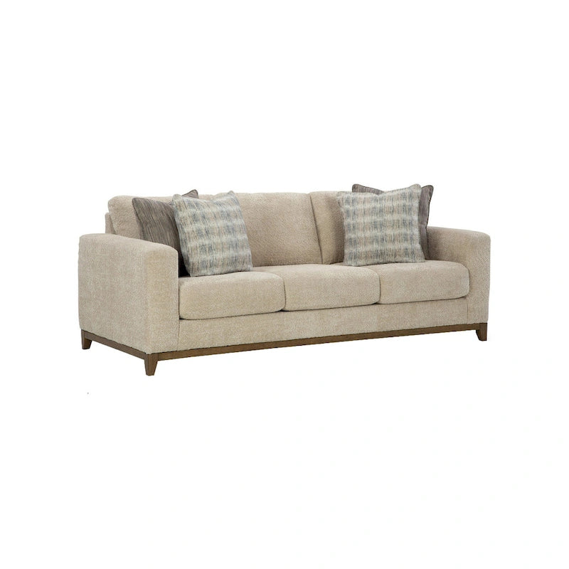 Canapé Klyn 93 pouces, 4 coussins décoratifs, pieds aspect bois, polyester beige