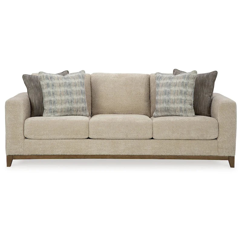 Canapé Klyn 93 pouces, 4 coussins décoratifs, pieds aspect bois, polyester beige