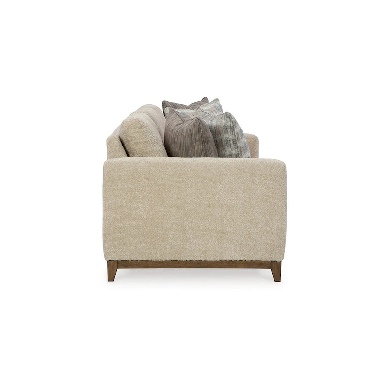 Canapé Klyn 93 pouces, 4 coussins décoratifs, pieds aspect bois, polyester beige