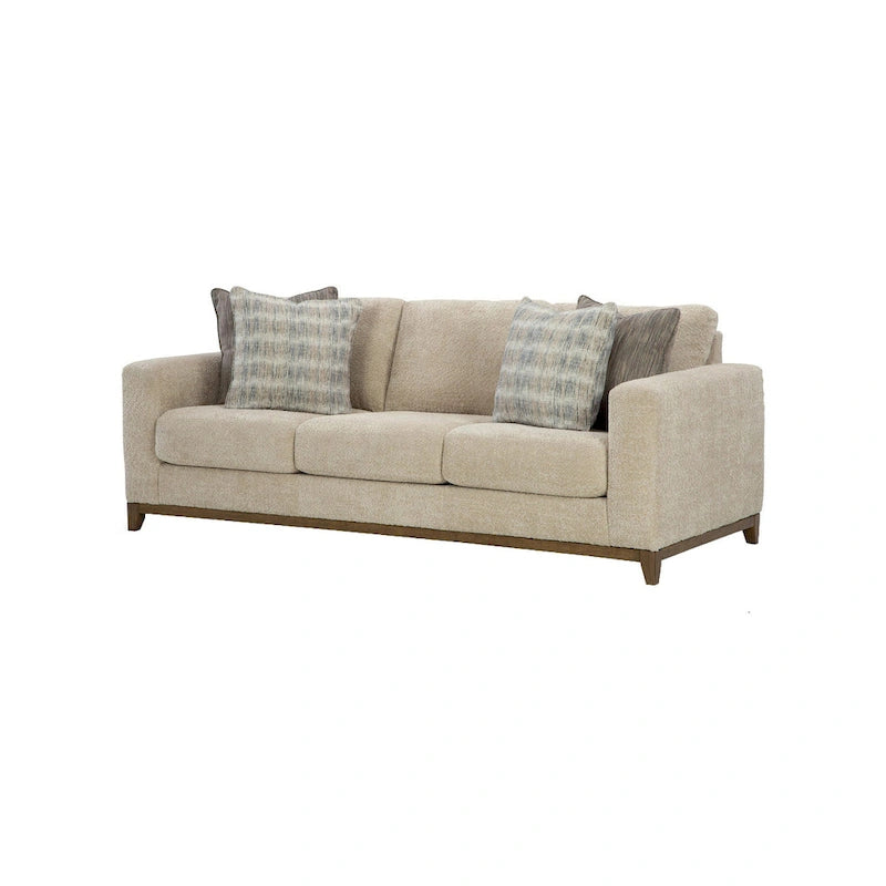 Canapé Klyn 93 pouces, 4 coussins décoratifs, pieds aspect bois, polyester beige