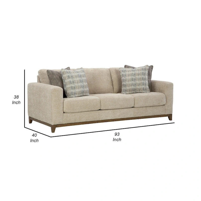 Canapé Klyn 93 pouces, 4 coussins décoratifs, pieds aspect bois, polyester beige