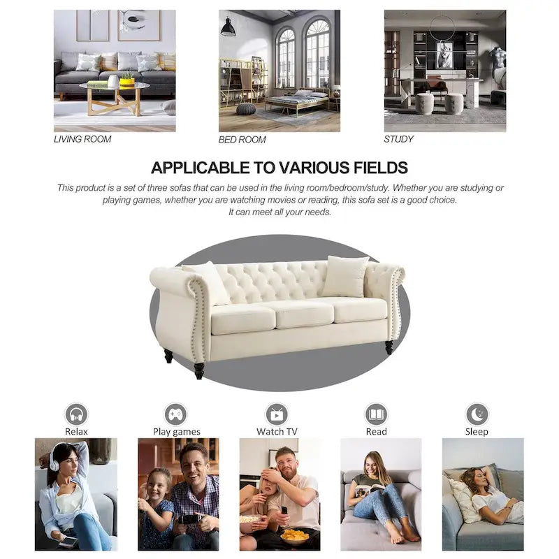 Canapé Chesterfield 3 places en velours beige, accoudoirs roulés, garniture cloutée