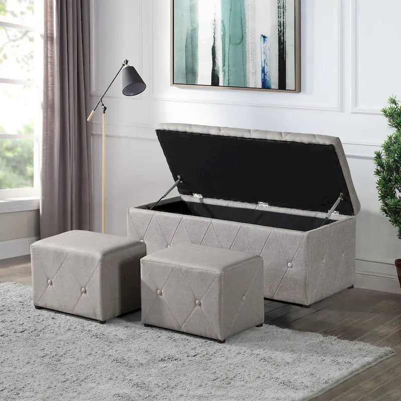 Banc de rangement rectangulaire en velours court avec 2 poufs