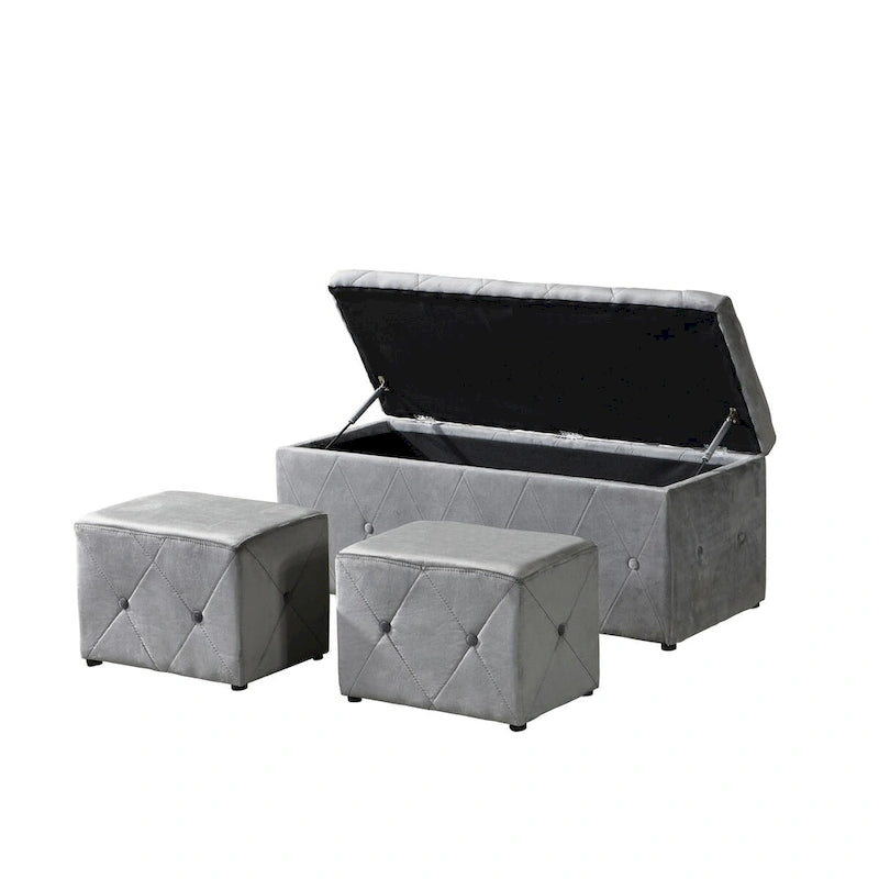 Banc de rangement rectangulaire en velours court avec 2 poufs