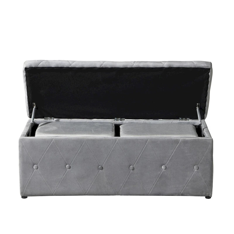 Banc de rangement rectangulaire en velours court avec 2 poufs