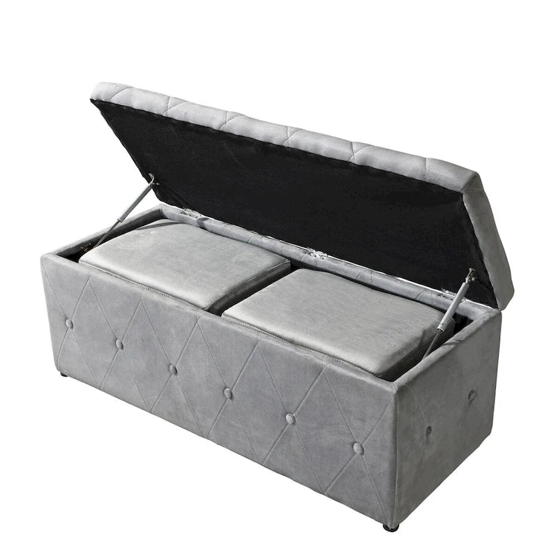 Banc de rangement rectangulaire en velours court avec 2 poufs