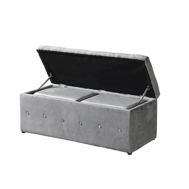 Banc de rangement rectangulaire en velours court avec 2 poufs