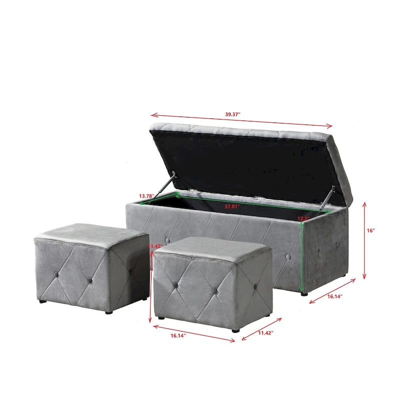 Banc de rangement rectangulaire en velours court avec 2 poufs