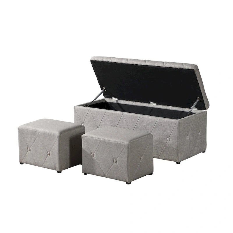 Banc de rangement rectangulaire en velours court avec 2 poufs