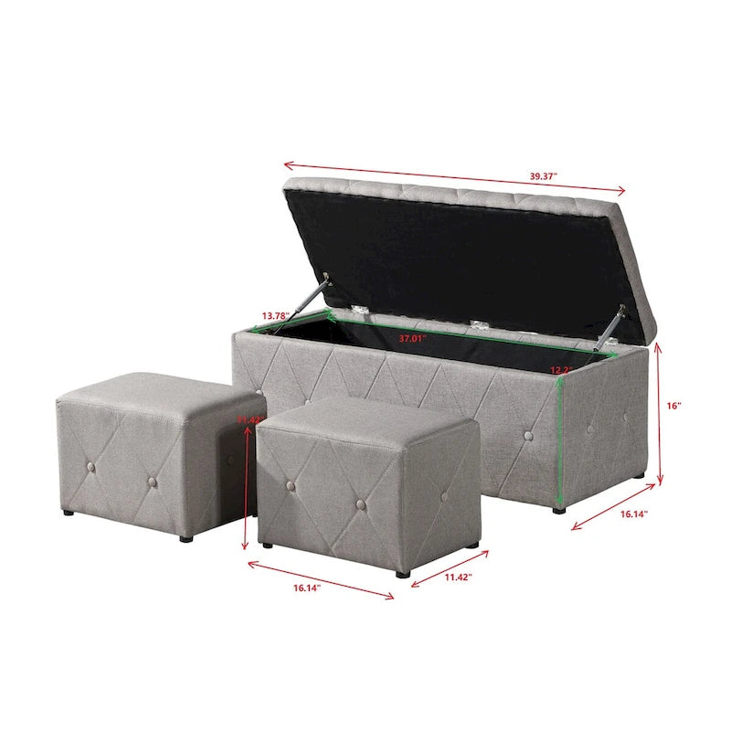 Banc de rangement rectangulaire en velours court avec 2 poufs