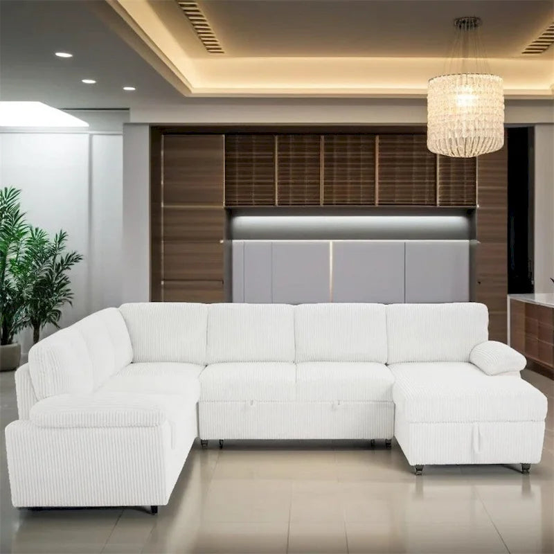 Canapé d'angle modulable capitonné en velours côtelé avec rangements, de grande taille