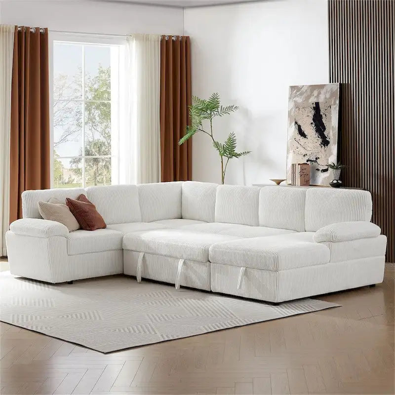 Canapé d'angle modulable capitonné en velours côtelé avec rangements, de grande taille