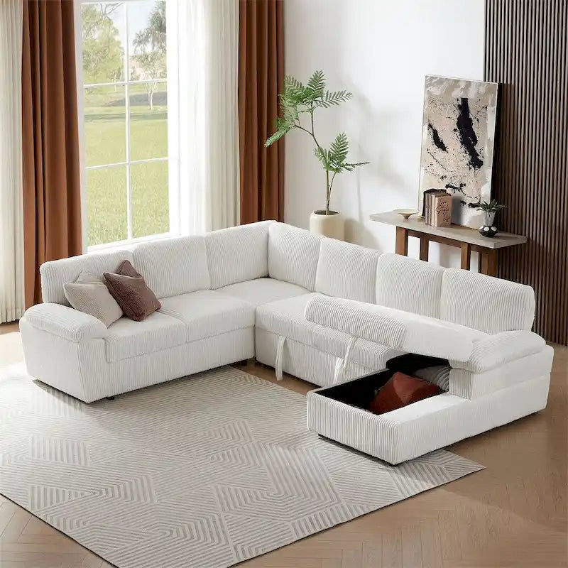 Canapé d'angle modulable capitonné en velours côtelé avec rangements, de grande taille