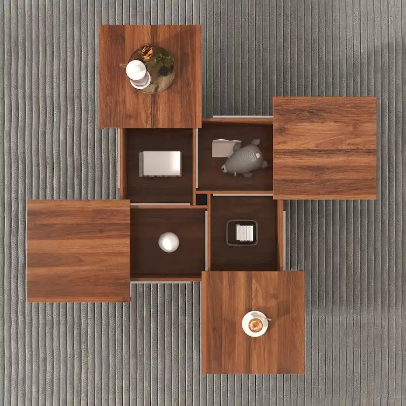 Table basse à plateau coulissant et rangement en marbre plaqué