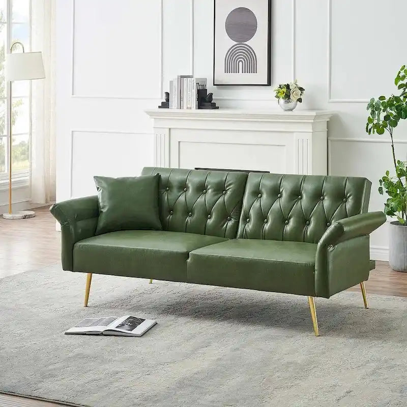 Futon Sofa Bed, Faux leather Foldable Couch Convertible Loveseat Sleeper Daybed with Adjustable Armrests for Small Space