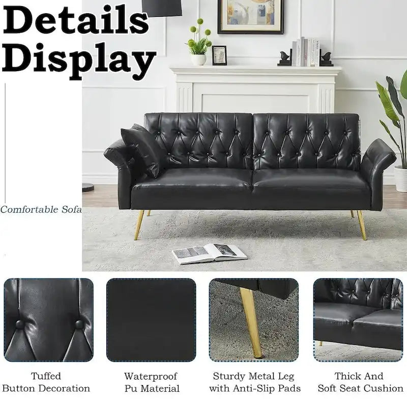 Canapé-lit futon, canapé pliable en similicuir, causeuse convertible, lit de repos avec accoudoirs réglables pour petits espaces