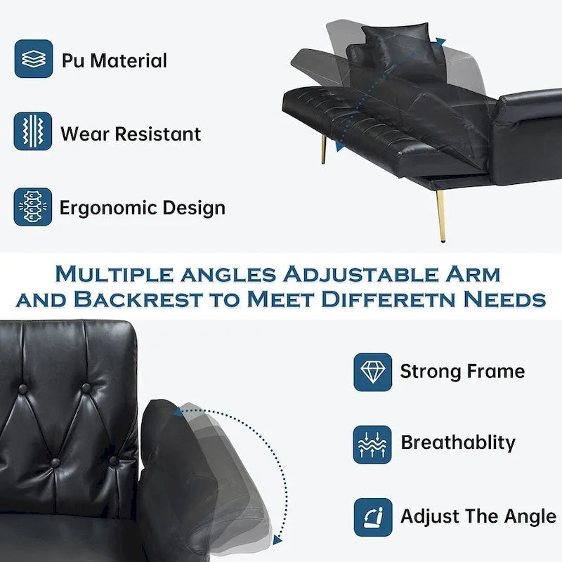 Canapé-lit futon, canapé pliable en similicuir, causeuse convertible, lit de repos avec accoudoirs réglables pour petits espaces