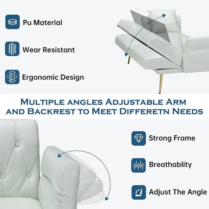 Canapé-lit futon, canapé pliable en similicuir, causeuse convertible, lit de repos avec accoudoirs réglables pour petits espaces