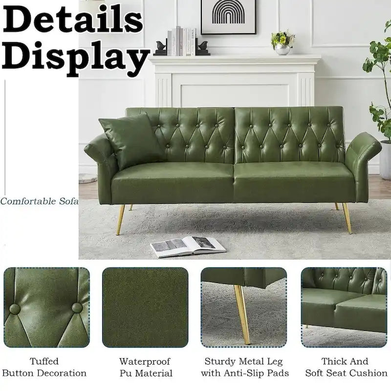 Canapé-lit futon, canapé pliable en similicuir, causeuse convertible, lit de repos avec accoudoirs réglables pour petits espaces