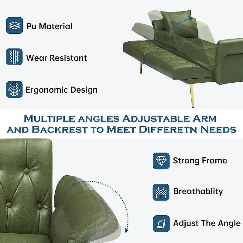 Canapé-lit futon, canapé pliable en similicuir, causeuse convertible, lit de repos avec accoudoirs réglables pour petits espaces