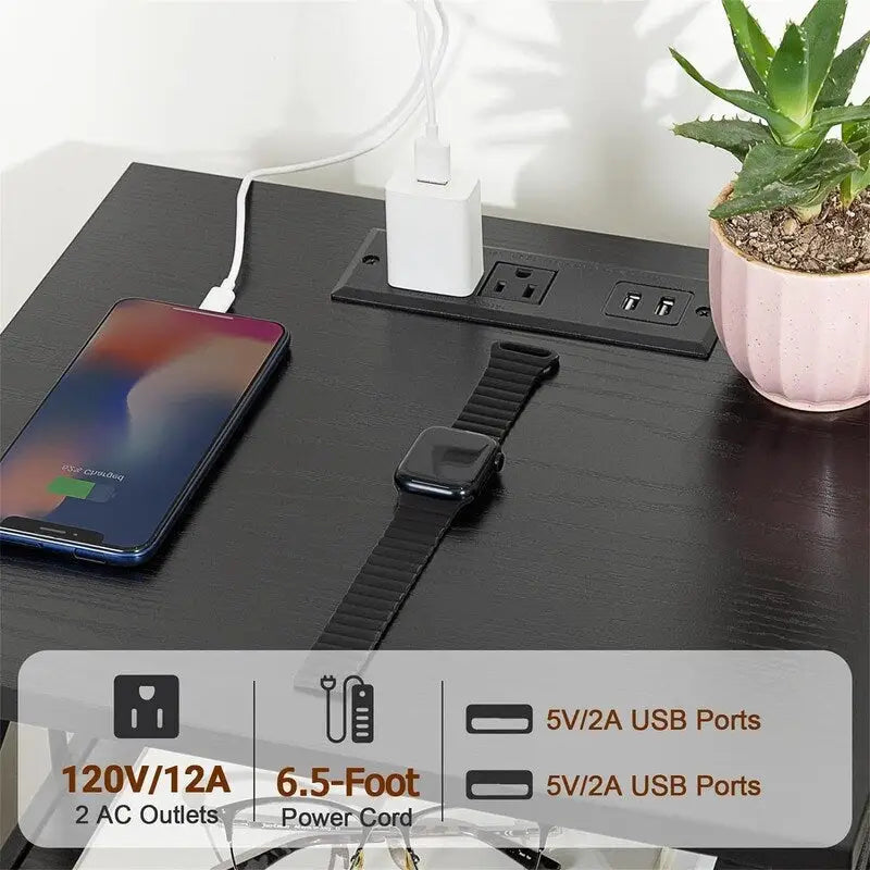 Table de chevet noire avec station de recharge – 15,7P x 13,8L x 23,8H