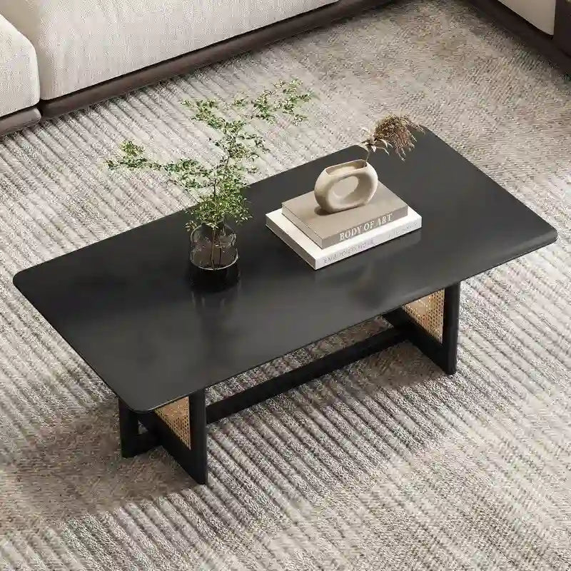 Table basse de style chinois en bois massif blanc et rotin d'imitation