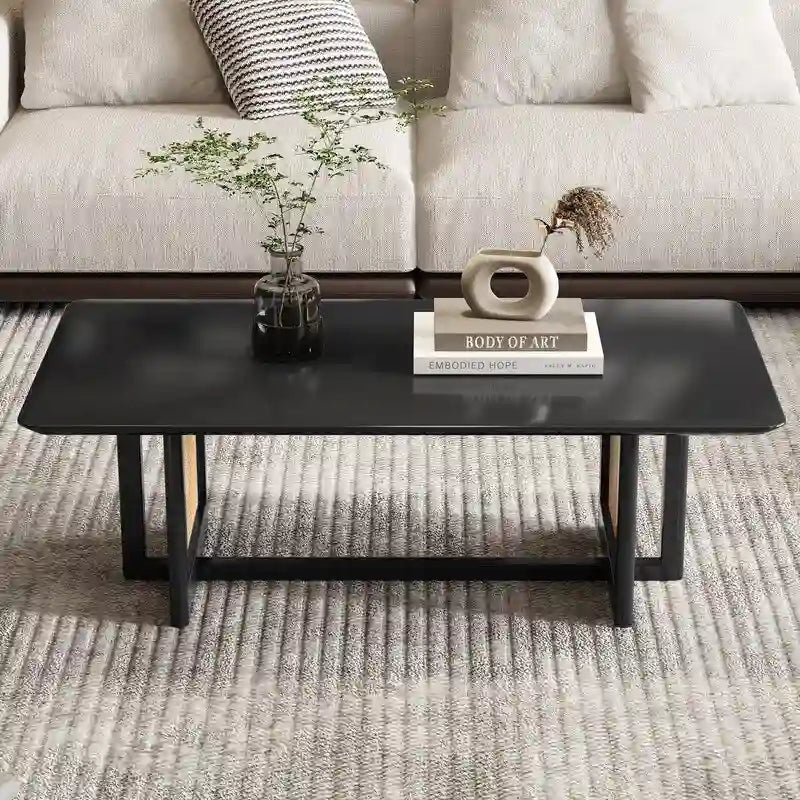 Table basse de style chinois en bois massif blanc et rotin d'imitation