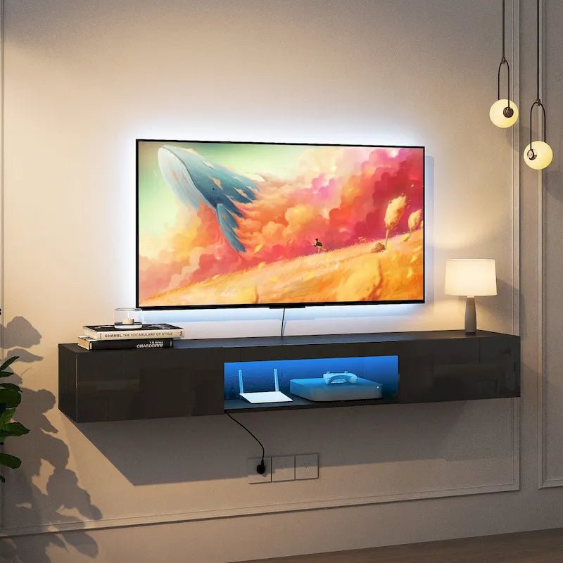 Meuble TV flottant mural avec 20 couleurs LED pour téléviseur 55 60 65 pouces