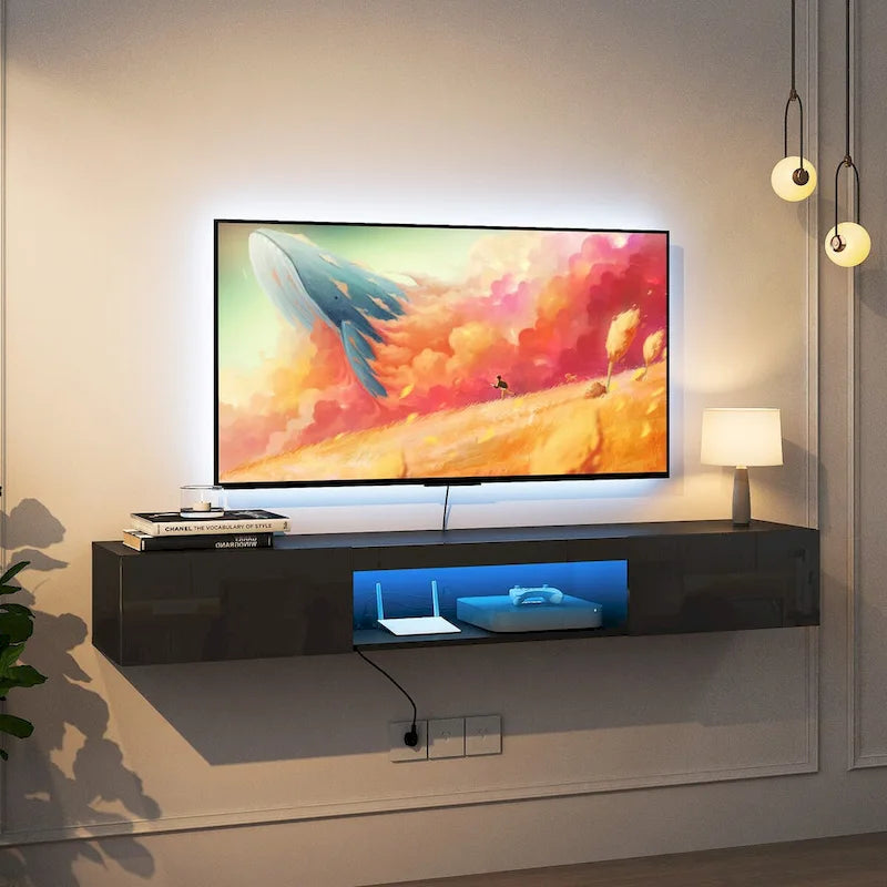 Meuble TV flottant mural avec 20 couleurs LED pour téléviseur 55 60 65 pouces