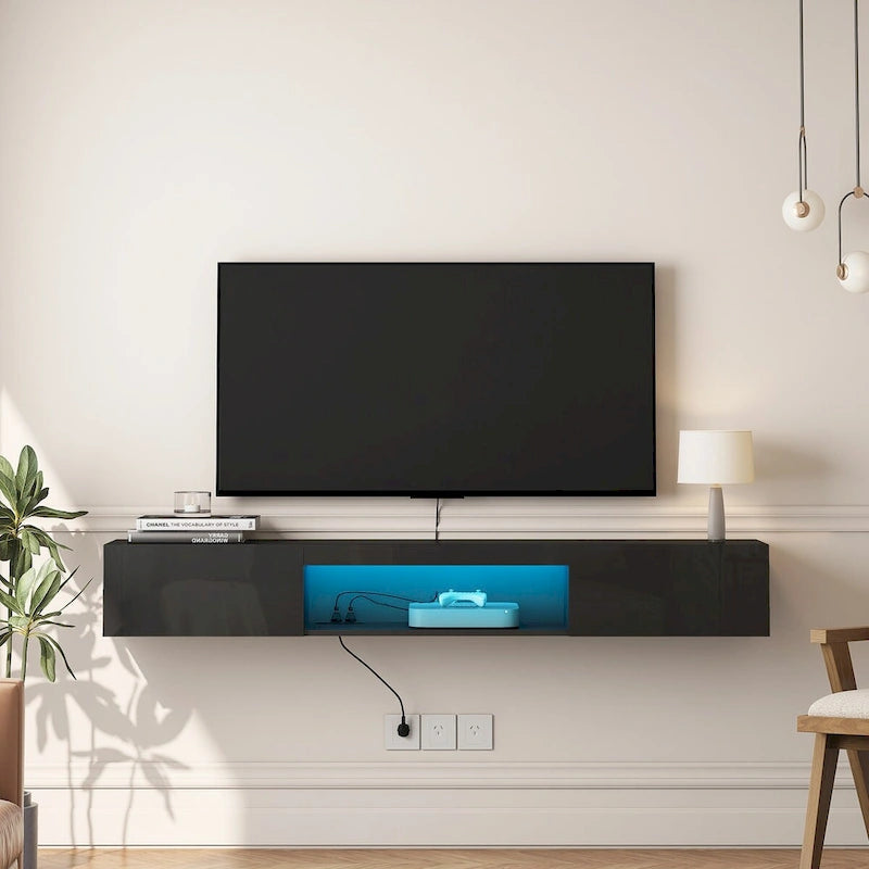 Meuble TV flottant mural avec 20 couleurs LED pour téléviseur 55 60 65 pouces