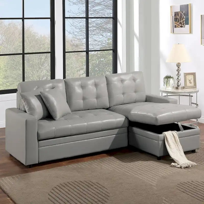 Canapé d'angle modulable en similicuir avec rangement gris clair