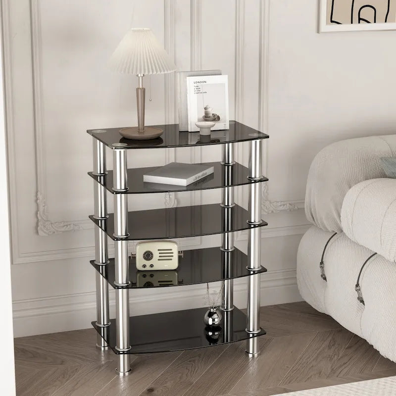 Table d'appoint à 5 niveaux en verre trempé avec cadre en acier inoxydable, table de chevet pour salon, chambre à coucher, noire
