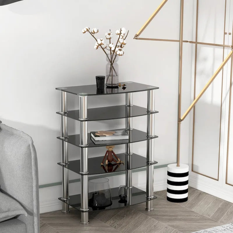 Table d'appoint à 5 niveaux en verre trempé avec cadre en acier inoxydable, table de chevet pour salon, chambre à coucher, noire