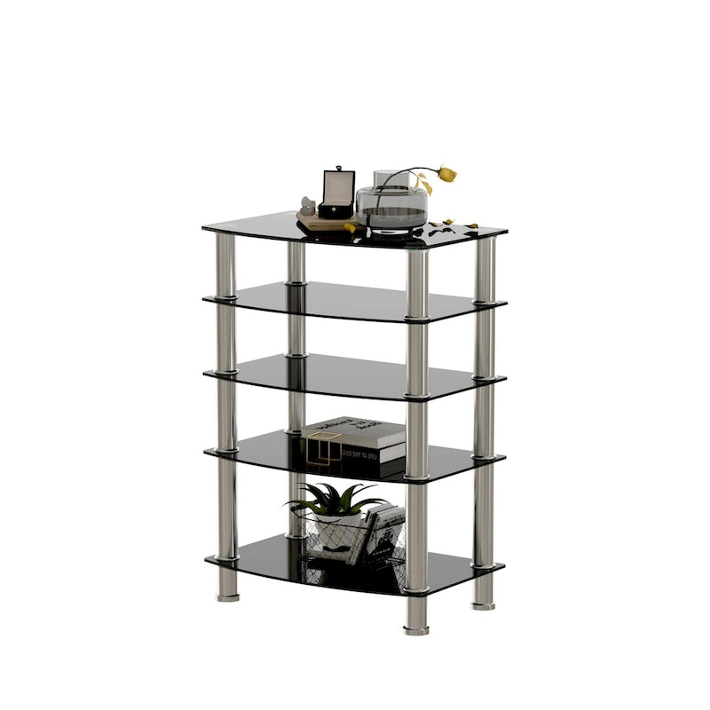 Table d'appoint à 5 niveaux en verre trempé avec cadre en acier inoxydable, table de chevet pour salon, chambre à coucher, noire