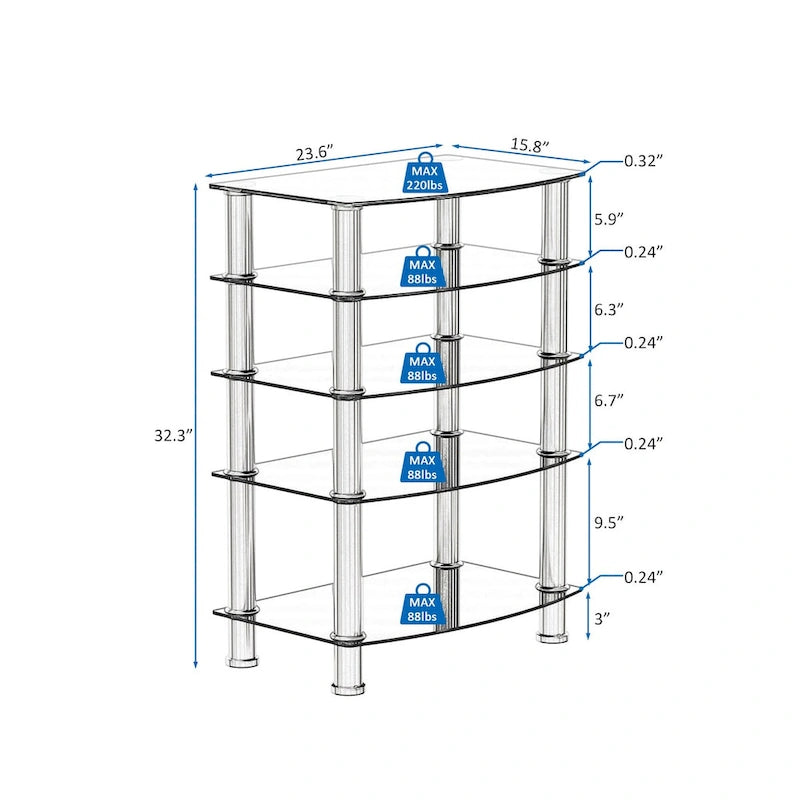 Table d'appoint à 5 niveaux en verre trempé avec cadre en acier inoxydable, table de chevet pour salon, chambre à coucher, noire
