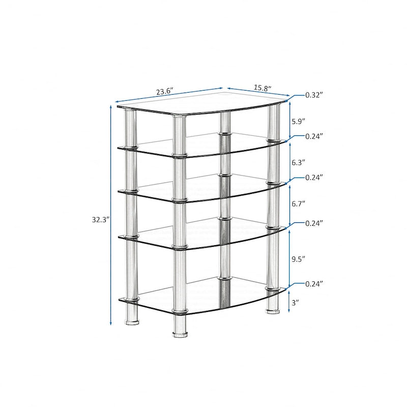 Table d'appoint à 5 niveaux en verre trempé avec cadre en acier inoxydable, table de chevet pour salon, chambre à coucher, noire