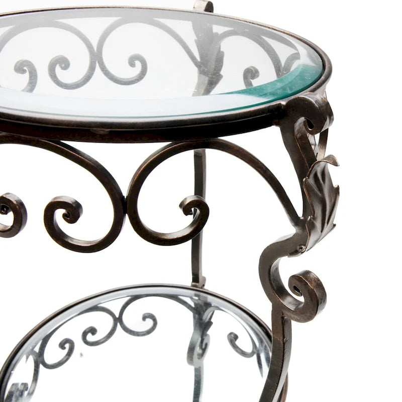 Table à trois niveaux en fer bronze avec feuilles d'acanthe et verre biseauté - 12.5x12.5x34