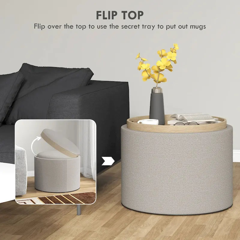 Table basse pouf de rangement ronde avec plateau réversible